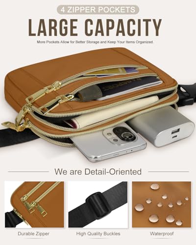 Image of Fanny Packs for Women 4 Zip Pocket Crossbody Belt Bag Waist Bags | Waterproof, Fashion Waist Pack, Crossbody Bags for Women, with Adjustable Strap, for Workout,Running,Traveling(Brown,L)