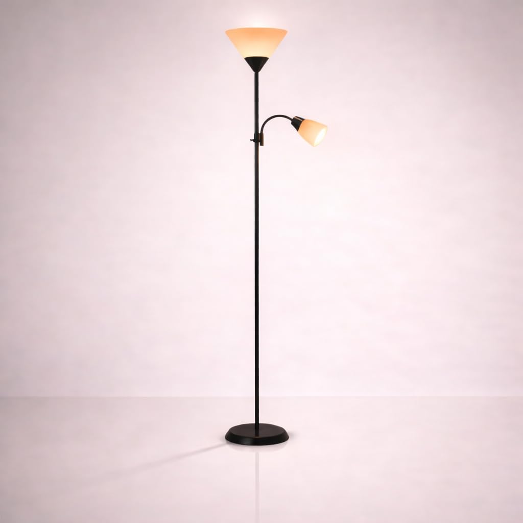 Adjustable Floor or Table Lamp with Dual E27 Lights, Flexible Arm – Modern Standing/Desk Light for Bedroom, Study, Living Room – Dual Switch, UK Plug – Black/Grey, 178cm Max Height (Black)