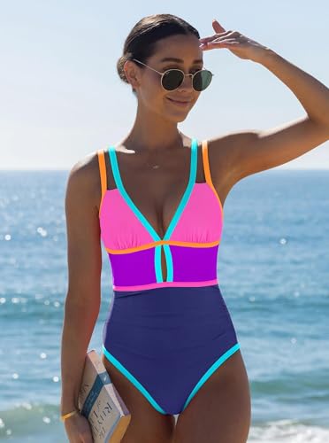 Image of popvil Women One Piece Swimsuit 2026 Tummy Control Sexy Cutout Neon Color Block Bathing Suit Slimming Adjustable Swimwear