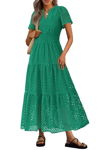 PRETTYGARDEN Womens 2026 Summer Maxi Dress Short Sleeve V Neck Hollow Out Eyelet A Line Long Flowy Beach Vacation Dresses