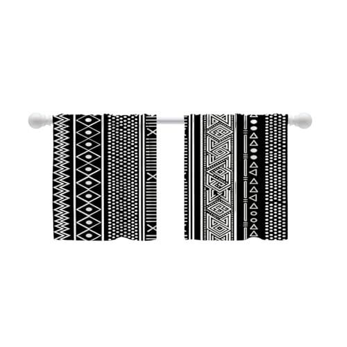 Shrahala Traditional African Geometric Tier Curtains for Kitchen Windows,Black and White Tribal Ethnic Window Curtain Panels Multilayer Polyester Blackout for Living Room Bathroom 2 Pack 26 x 24 in — image 1