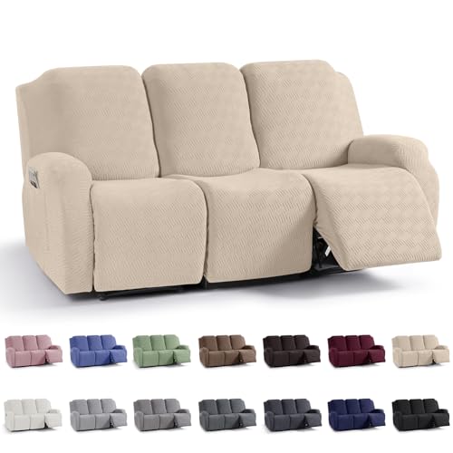 Image of KinCam Recliner Covers, Stretch Reclining Chair Covers, Recliner Sofa Slipcovers Stripe Jacquard Recliner Couch Covers Furniture Protector Covers for Pet Kid (3 Seater, Vanilla)