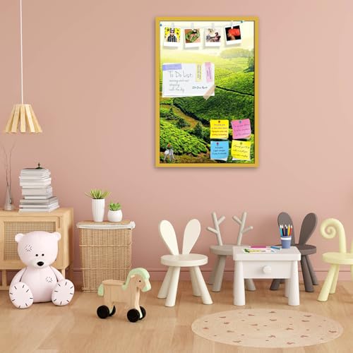 Image of ArtzFolio Tea Plantations, Munnar, Kerala | Bulletin Board Notice Pin Board | Vision Soft Board Combo with Thumb Push Pins & Sticky Notes | Golden Frame | 16 x 24 inch (41 x 61 cms)