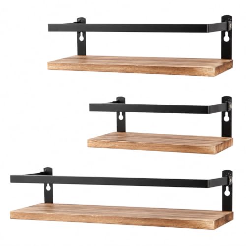 PHUNAYA Floating Shelves, Paulownia Wood Wall Shelves with Rails, Set of 3