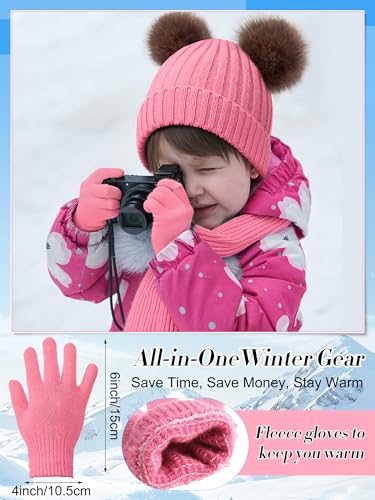 Image of JaGely 2 Sets Kids Winter Hat Gloves Scarf Set Girls and Boys Knit Hat with Pom Warm Scarf Snow Gloves for 3-10 Years Toddler