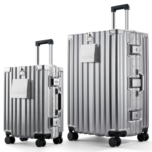 Image of 2-Piece Zipperless Luggage Set, 20 /28 Inch Suitcases | Airline Approved Carry-On 22x14x9, Checked Luggage, 9H PC Hardshell, Aluminum Frame, TSA Lock, 360 Spinner Wheels, Silver
