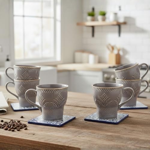 Image of Clay Craft Fine Ceramic Tea Cups Set of 6| 120 Ml Designer Cups with Elegant Texture & Gold Rim | Ideal for Tea Serving| Home| Guests & Gifting