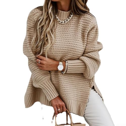 Caswynlife Pull en tricot pour femme, col mi-haut, manches longues, pull en polyester, couleur unie décontractée pour le printemps, l'automne et l'hiver (S kaki)