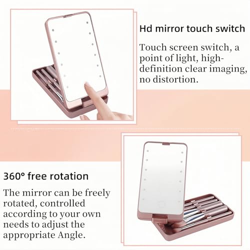 LuyaVogue LED Makeup Mirror with Travel Size Makeup Brushes Set, Easy - Taken Mini Makeup Brush Set with Case and Mirror, Small Complete Function Cosmetic Brushes Kit (Pink,with Brush)