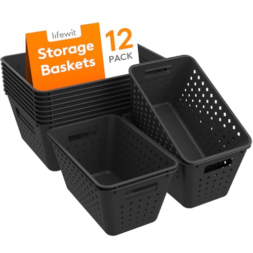 Image of Lifewit Plastic Storage Basket, 12 Pack Stackable Storage Bins for Organizing, Multi Size Open Containers for Shelving, Pantry, Office and Cabinet, 8 Large and 4 Small Size, Black