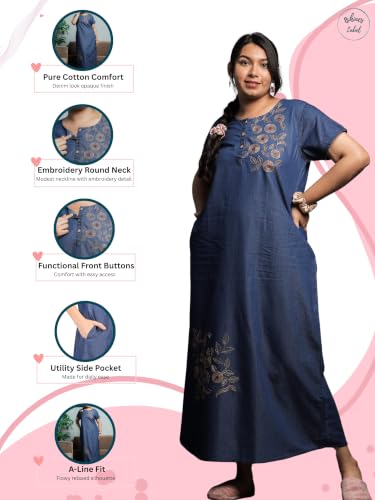 Image of 9shines Label Stylish Denim Cotton Nighty Maxi for Women | Full Length Trendy Nightgown | Premium Nightdress | Nightwear | Embroidery Nighty with Pocket (9SDS)