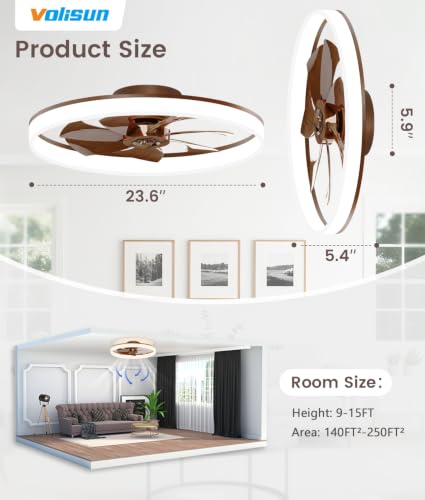 Image of VOLISUN Low Profile Ceiling Fans with Lights and Remote, 24in Fandelier Ceiling Fan Flush Mount, 3000K-6500K Smart Bladeless LED Fan Light, Farmhouse Ceiling Fans with Lights for Bedroom(Wood)