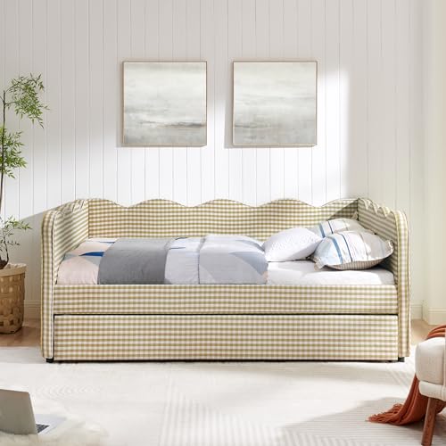 DEINPPA Full Size Upholstered Daybed with Trundle Gingham Daybed with USB Ports for Bedroom Living Room Guest Room-Brown