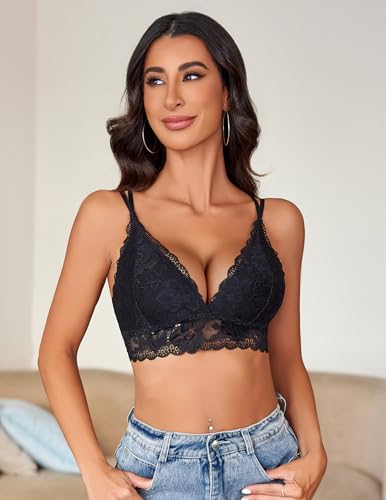 Image of Avidlove Bras for Women Floral Lace Bralettes Deep V Sexy Bras Cross Back Longline Bralette No Padded