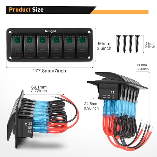 Image of Nilight 6 Gang Rocker Switch Panel SPST On Off Toggle with DIY Label Sticker | 5PIN Electrical 12V /20A 24V /10A Aluminum Plate with Pre-Wired Jumper Wires for LED Light Bar RV Boats 4X4 Cars Green