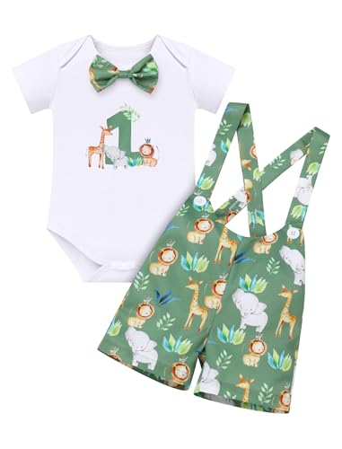 ODOLDI Infants Baby Boys 1st Birthday Outfits Animal Series Short Sleeve Cake Smash Outfits Green 12-18M