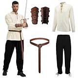 4 Pcs Men's Renaissance Costume Set Medieval Pirate Costume Men Shirt and Pants Viking Costume Accessory(Black, Medium)