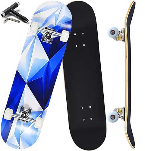 Anyfun Pro - Skateboards completos para principiantes, niñas, niños, jóvenes, adolescentes, adultos, tablas de patinaje de 7 capas de arce canadiense de doble patada (hielo azul)