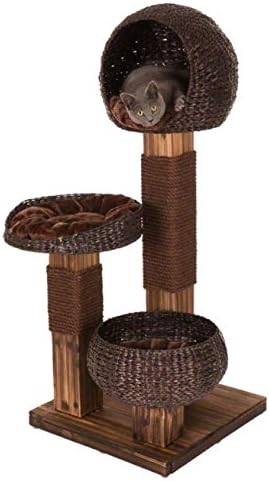 Scorched Wood Elegant Cat Tree - with A Contemporary Burned Wood Effect and Water Hyacinth Baskets with Washable Cushions - A Lovely Addition to your Home