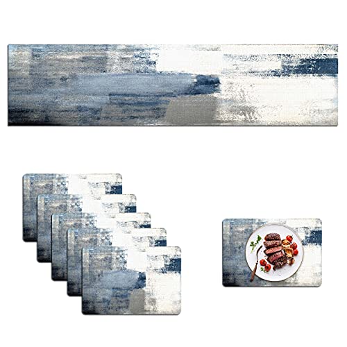 Mcalk Dusty Blue Table Runner And Placemats Set Of 6, Pink Flower Placemats Modern Art,Abstract Art Cloth Place Mats Indoor For Kitchen,Washable Placemats Linen Material For Dining Table #TOP4