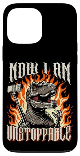 Ahora soy imparable, un divertido T-Rex usa un palo para selfies Cool Metal Carcasa para iPhone 13 Pro Max