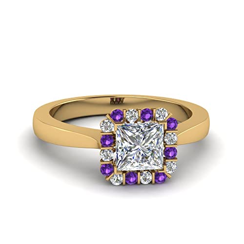 Image of Choose Your Gemstone Floating Halo Diamond CZ Ring Yellow Gold Plated Princess Shape Halo Engagement Rings Everyday Jewelry Wedding Jewelry Handmade Gifts for Wife US Size 4 to 12