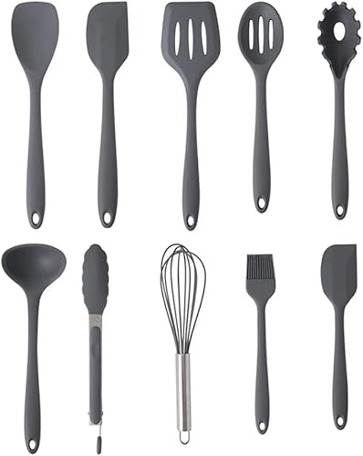 LMMDP - Juego de 10 utensilios de cocina de silicona gris espátula antiadherente mango de madera con caja de almacenamiento herramientas de