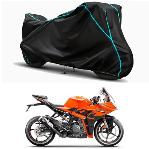 Image of Waterproof Bike Body Cover Compatible for | KTM RC 390 STD BS6 | Taffeta Fabric, Sky Piping Design, Bottom Elastic Fit | Dustproof, Sun UV & Rain Protection for All Weather.