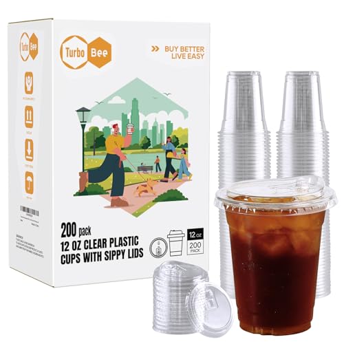 Turbo Bee 12 oz - 200 Sets Clear Plastic Cups with Strawless Sip-Lids, Crystal Clear Disposable Plastic Cups with Lids, To Go Cups for Iced Coffee, Smoothies, Soda, Lemonade, Cold Beverage