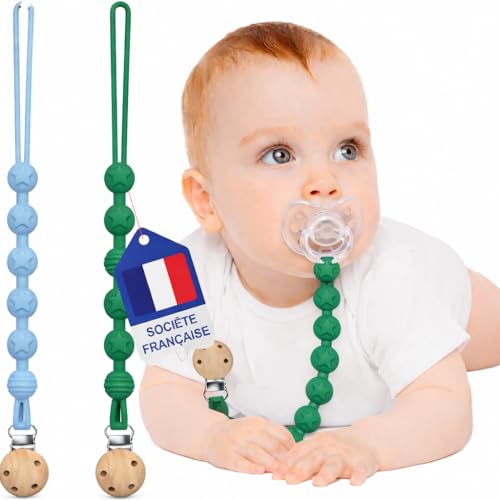 Attache Tetine (2 Couleurs) Attache Sucette - Accroche Tétine Bebe - Lot De 2 Accroches - Tétines En Silicone Testées & Approuvées (Bleu/Vert)