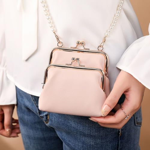 Cute Crossbody Credit Card Bag Double Pouches Wallet Purse with Pearl Straps& Kiss-Lock, Shoulder Bag Hand bag for Women2