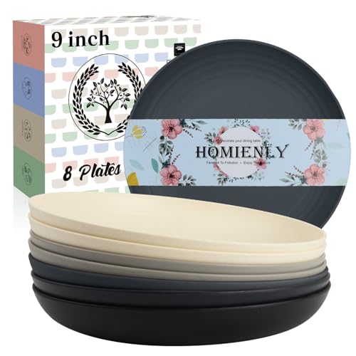 Image of Homienly Wheat Straw Plates Set of 8, Reusable Lightweight and Unbreakable 9 inch Plates, Premium Microwave and Dishwasher Safe Plates for Kitchen, Camping, Picnic, Party - GreyStone