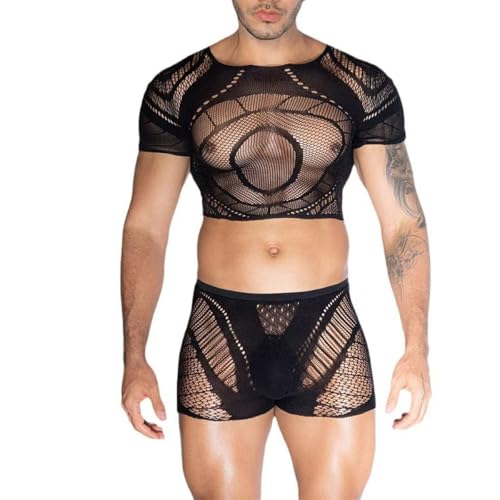 Men's Sheer Lace Mesh Bodysuit Lingerie Thong See Through Underwear Short Sleeve Undershirt Jumpsuit Transparent Briefs Nightwear Garment