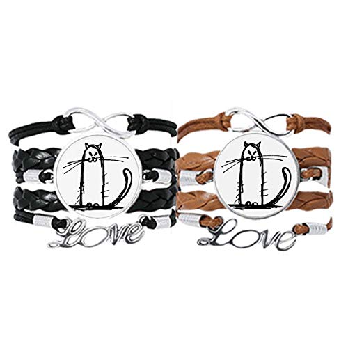 Pulsera de cuero negro con grabado de gato minimalista pulido