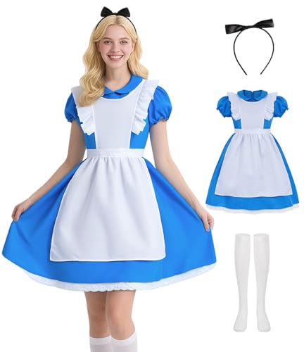 KFVZIU Blaues Kleid für Damen, Halloween-Kostüm, Prinzessinnenkostüme mit Socken, Haarband, Blau, XXL