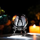 ZEERSHEE 60mm Crystal Penguins Decorative Balls 3D Laser Engraved The Penguin Family Paperweight with Stand