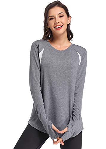 Muzniuer Women's Workout Long Sleeve T Shirt Plain Long Sleeve Shirt Yoga Tops Gym Sports T-Shirt Breathable Workout Shirts with Thumb Hole Workout Clothes for Women LightGray S