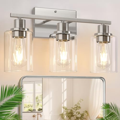 Image of Indoi 3-Light Bathroom Light Fixtures, Brushed Nickel Modern Vanity Lights with Clear Glass Shades, Bathroom Wall Lamp for Mirror Living Room Cabinet Bedroom Porch