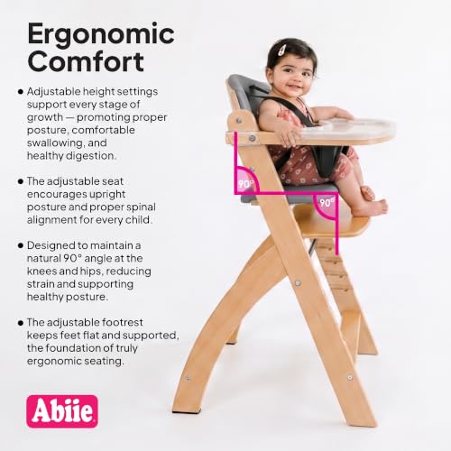 Image of Abiie Beyond Junior Wooden High Chair for Babies and Toddlers - Convertible 3-in-1 Baby Highchair with Removable Tray - 6 Months to 250 Lb - Water Resistant - Natural Wood with Dark Grey Cushion