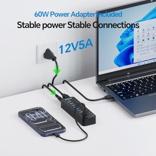 Image of Powered USB Hub, 10 Ports USB A 3.0 5Gbps Data Hub, with 7 USB-3.0 Ports, 3 PowerIQ Charging Ports, 60W Power Adapter for Laptop and More
