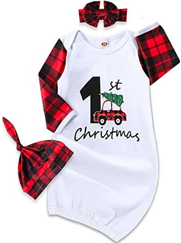 AMAWMW Newborn Neutral Baby Girl Boy First Christmas Sleepers Gowns Unisex Baby 1st Xmas Nightgown Infant Buffalo Plaid Outfit
