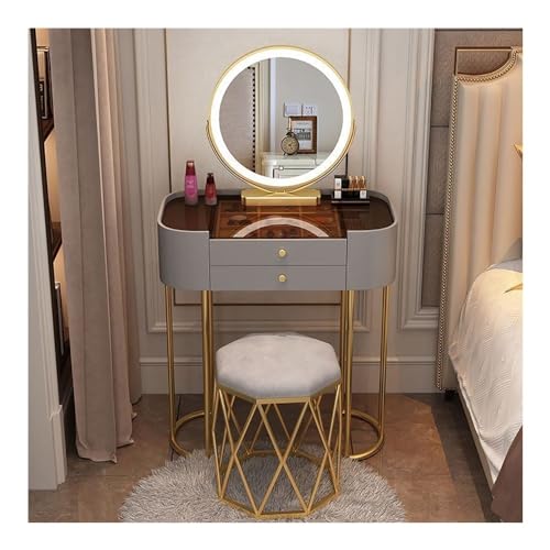 Juego de tocador con espejo y luces, mesa de maquillaje iluminada de 3 colores con función de atenuación, elegante tocador y taburete para mujeres y niñas (gris, 80 cm)