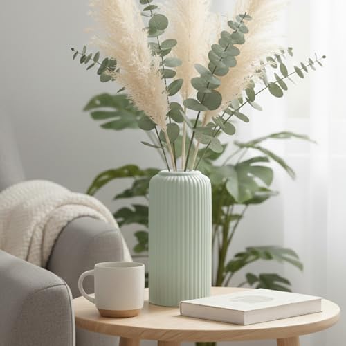Image of KREATIVE ART'S Modern Ribbed Design Ceramic Flower Vase for Living Room, Flower Pots for Artificial Flower, Home Decoration Item, Home Decor, Vases for Living Room (Light Green, Medium)