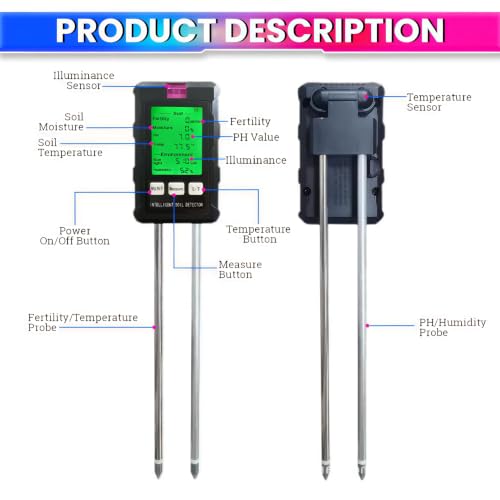 Image of 6-in-1 Soil Tester - Dual 180mm Probe Meter for pH, Fertility, Temperature, Moisture, Humidity, Sunlight - Garden, Lawn, Farm, Indoor Plants - 6M Warranty