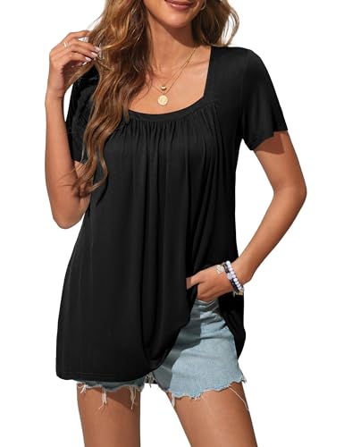Florboom Tunika Damen Sommer Kurzarm Casual Longshirt Oberteile Bluse, Schwarz L