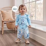 AHUGHAUE Baby Cowgirl Outfit Letters Long Sleeve Ruffle Romper Floral Pants Headband Sets 1st Rodeo Clothes 0-18 Months (Blue, 6-9 Months)