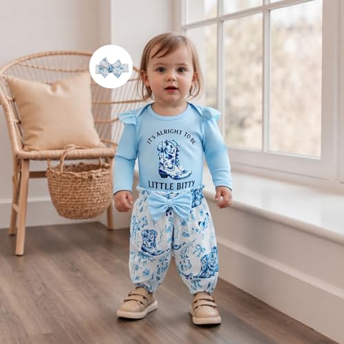 AHUGHAUE Baby Cowgirl Outfit Letters Long Sleeve Ruffle Romper Floral Pants Headband Sets 1st Rodeo Clothes 0-18 Months (Blue, 6-9 Months)