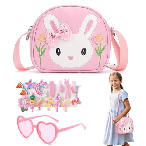 dogmoon Kleines Mädchen Kaninchen Tasche, Handtasche Mädchen mit 1 Stück Rosa Brille und 14 Stück Haarklemmer, Kinder Hase Geldbörse PU Leder Prinzessin Mini Handtasche für Kinder(Rosa)