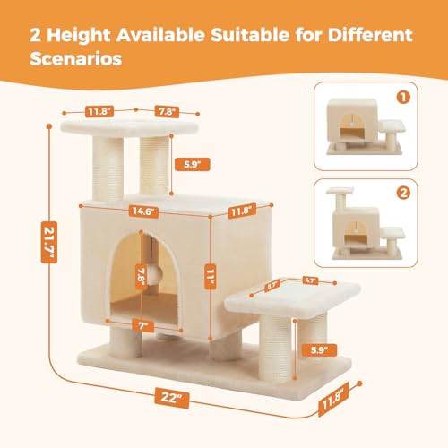 Image of 3-in-1 Dog Stairs & Cat Scratching Post with Condo, Pet Steps for High Beds, Sofa, Couch, Tall Cat Tower, High-Strength Boards for Indoor Small Cats Kittens Dogs Climbing Playing, 3 Steps-Beige