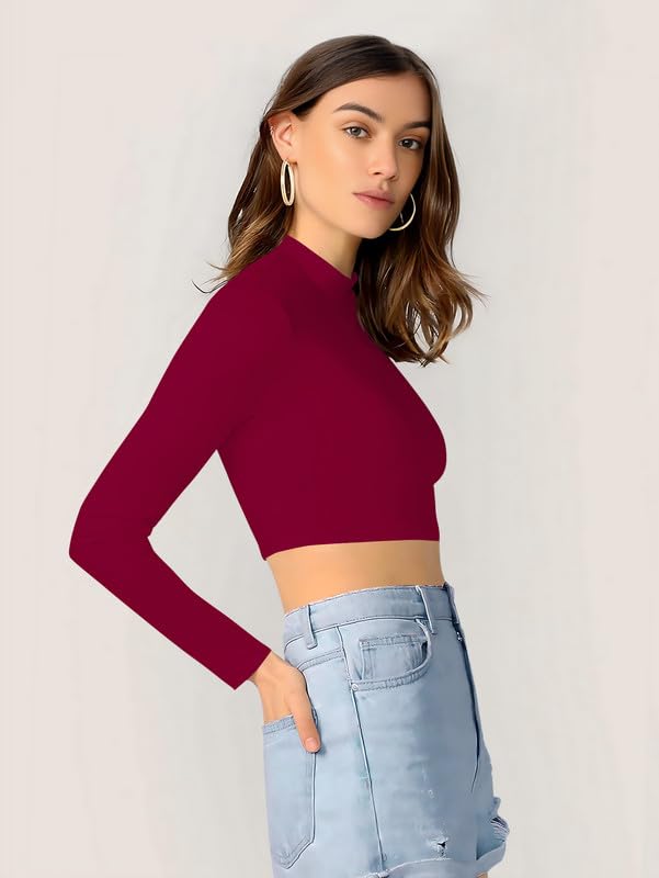 Dream Beauty Fashion Women's Round High Neck Full Sleeves Stylish Crop Top Polyester Blend Slim Fit Tshirt (Tally Maroon-L), Large - Image 4 thumbnail